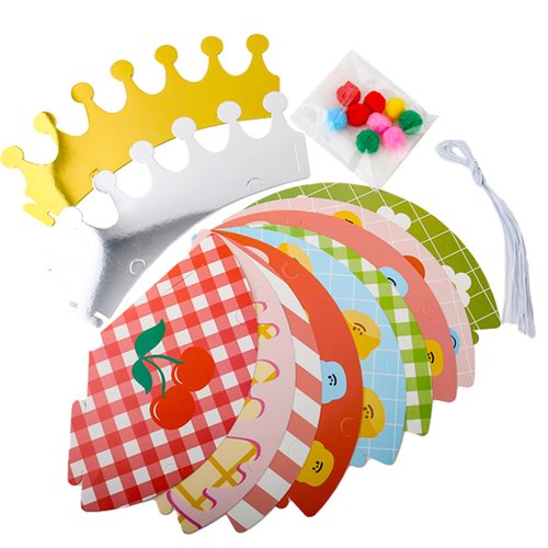 Inxens Mini Party Hats for Kids, 11 Piece Birthday Cone Hats for Stuffed Animals and Pets, 9 Paper Cones and 2 Crowns, DIY Assembly with Pom Poms, Cute Cherry Smiley Design