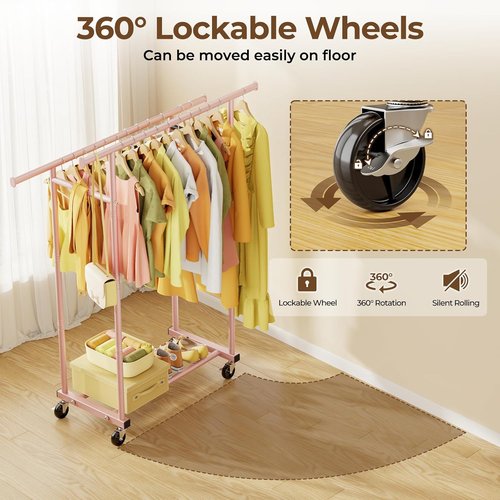 HYSEYY Clothes Rack - Sturdy Double Rod Portable Garment Rack for Bedroom & Laundry | Pink