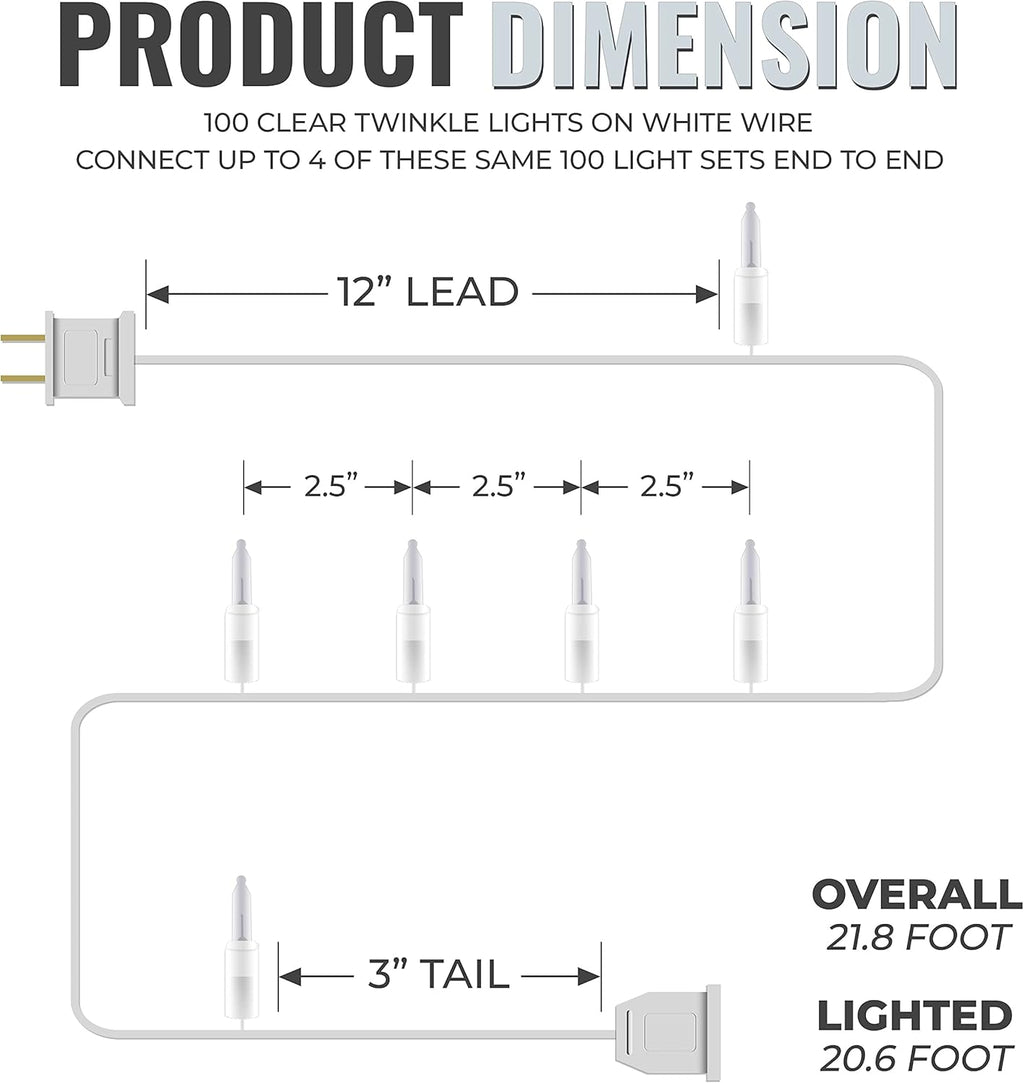 612 Vermont 100 Clear Christmas Twinkle Lights - Indoor/Outdoor Use, Connect Up to 4 Sets, 20.6' Lighted Length
