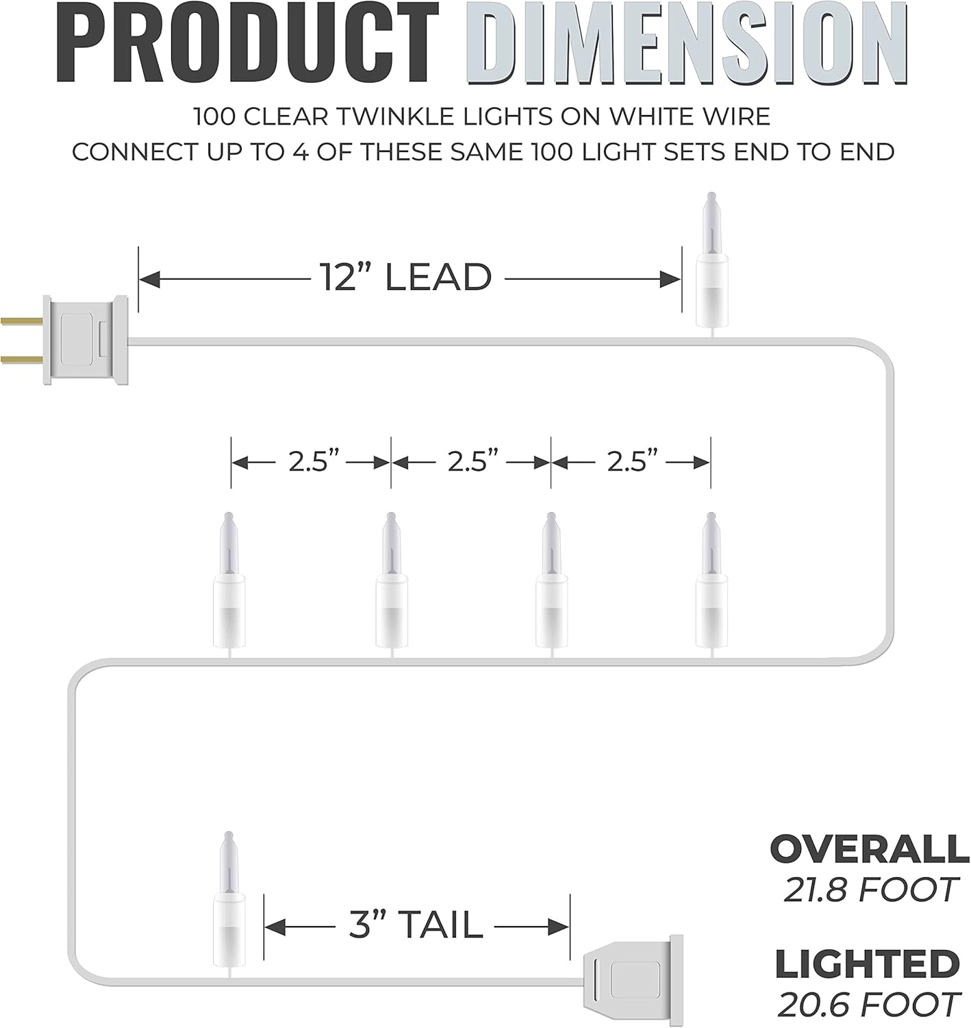 612 Vermont 100 Clear Christmas Twinkle Lights - Indoor/Outdoor Use, Connect Up to 4 Sets, 20.6' Lighted Length