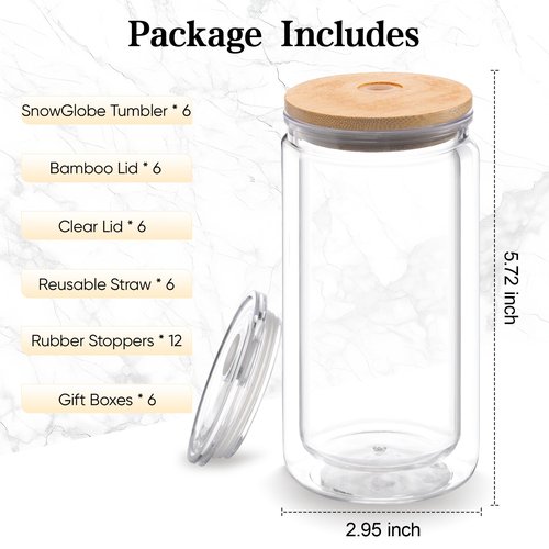 BGRAING 6 Pack 16 oz Acrylic Snow Globe Tumbler Double Wall Plastic Snowglobe Tumbler Cups with Pre-Drilled Hole, 100% Leak Proof, with Bamboo Lids & Clear Lid, for Snow Globe Glitter DIY Gift