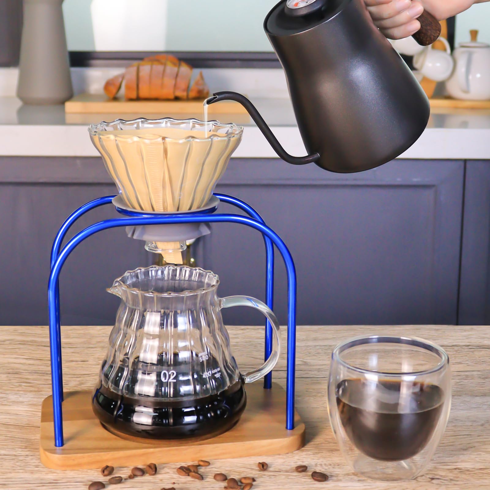SOTECH Pour on coffee drips, filter Wooden stand Glass sharing pot with paper filter, coffee, tea and saffron set (blove)
