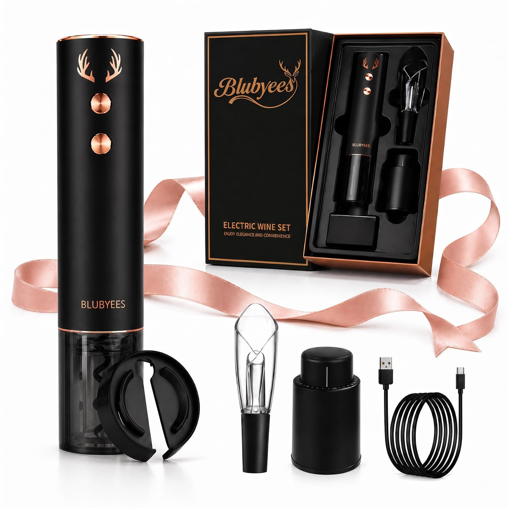 BLUBYEES 4-in-1 Rechargeable Electric Wine Opener Set - Automatic Corkscrew, Foil Cutter, Aerator Pourer, Vacuum Stopper - Wine Lovers Gifts for Women and Men