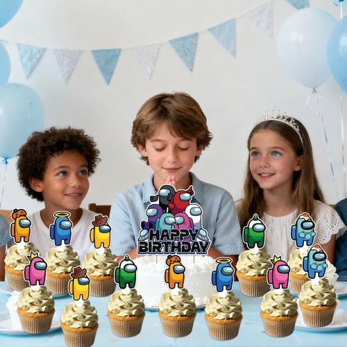 25Pcs Among Game Birthday Party Supplies Pack Includes 1 Cake Topper 24 Cupcake Toppers for Among Game Party Supplies