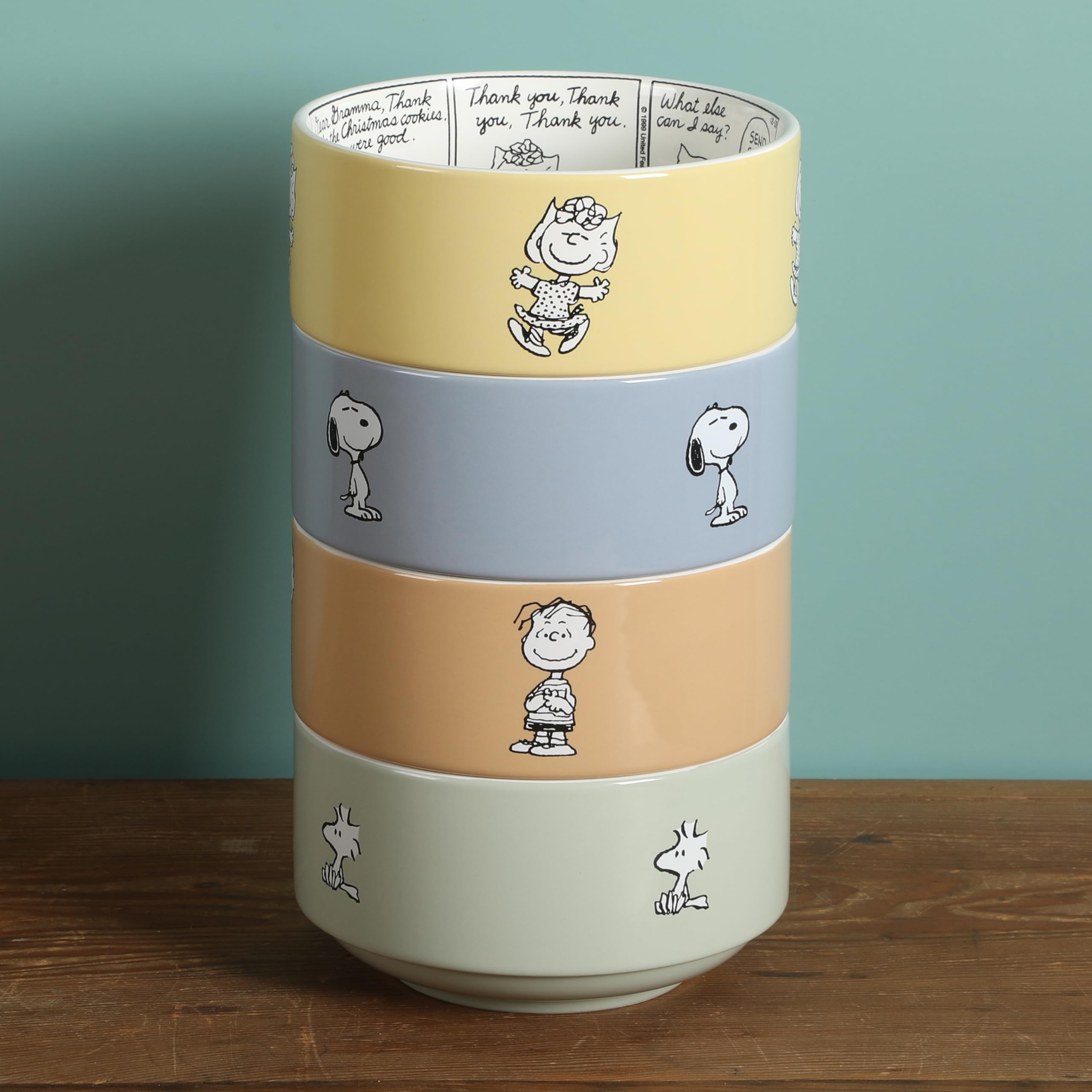 Peanuts Snoopy Bonbon Bites 4-Piece 5.5-Inch Decorated Stoneware Ceramic Stackable Bowl Set, Microwave & Dishwasher Safe Snack and Dessert Bowls