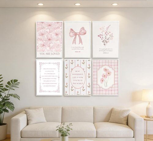 CBLIORUD Pink Christian Flower Canvas Wall Art - 6Pcs Bible Verse Decor for Bedroom & Nursery