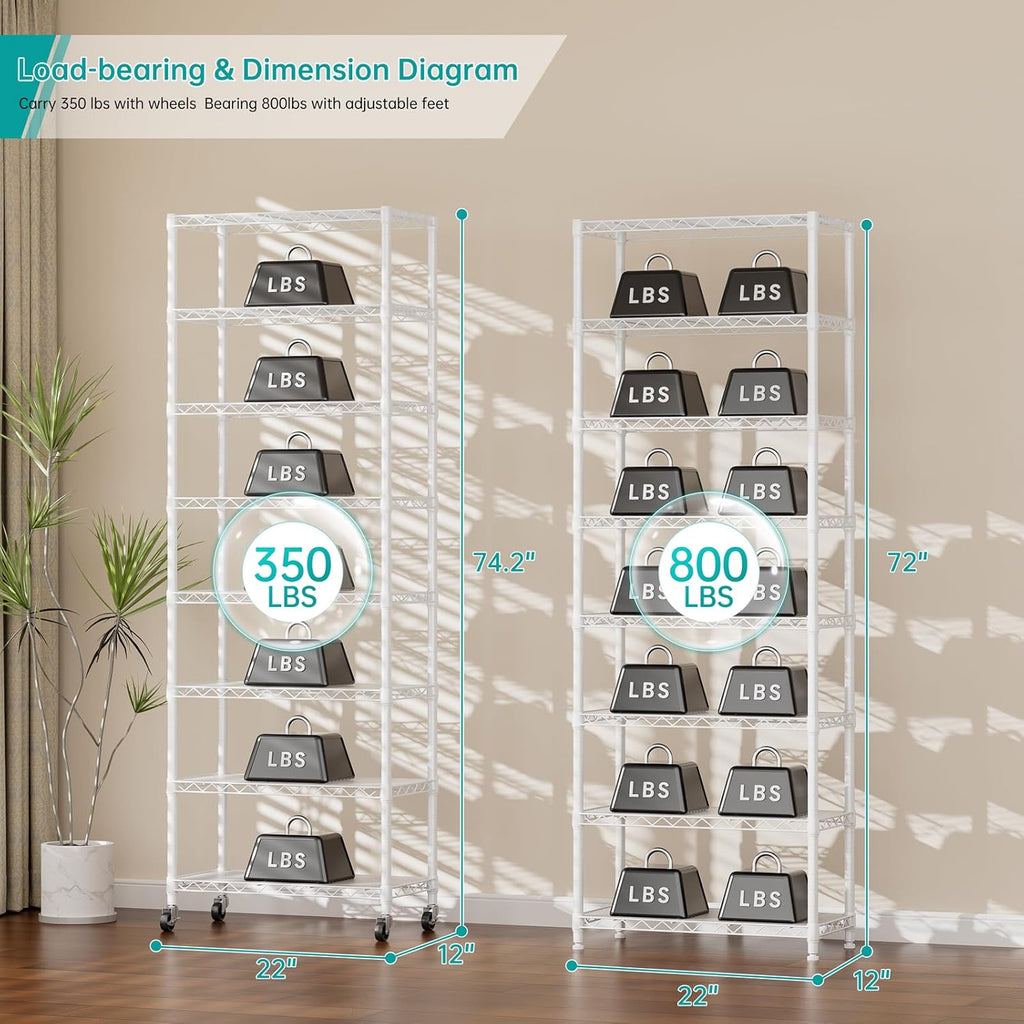 SINGAYE 8-Tier Metal Shelf Organizer - Adjustable Wire Shelving Unit for Kitchen, Garage, or Bathroom | 12" D x 22" W x 74" H - White