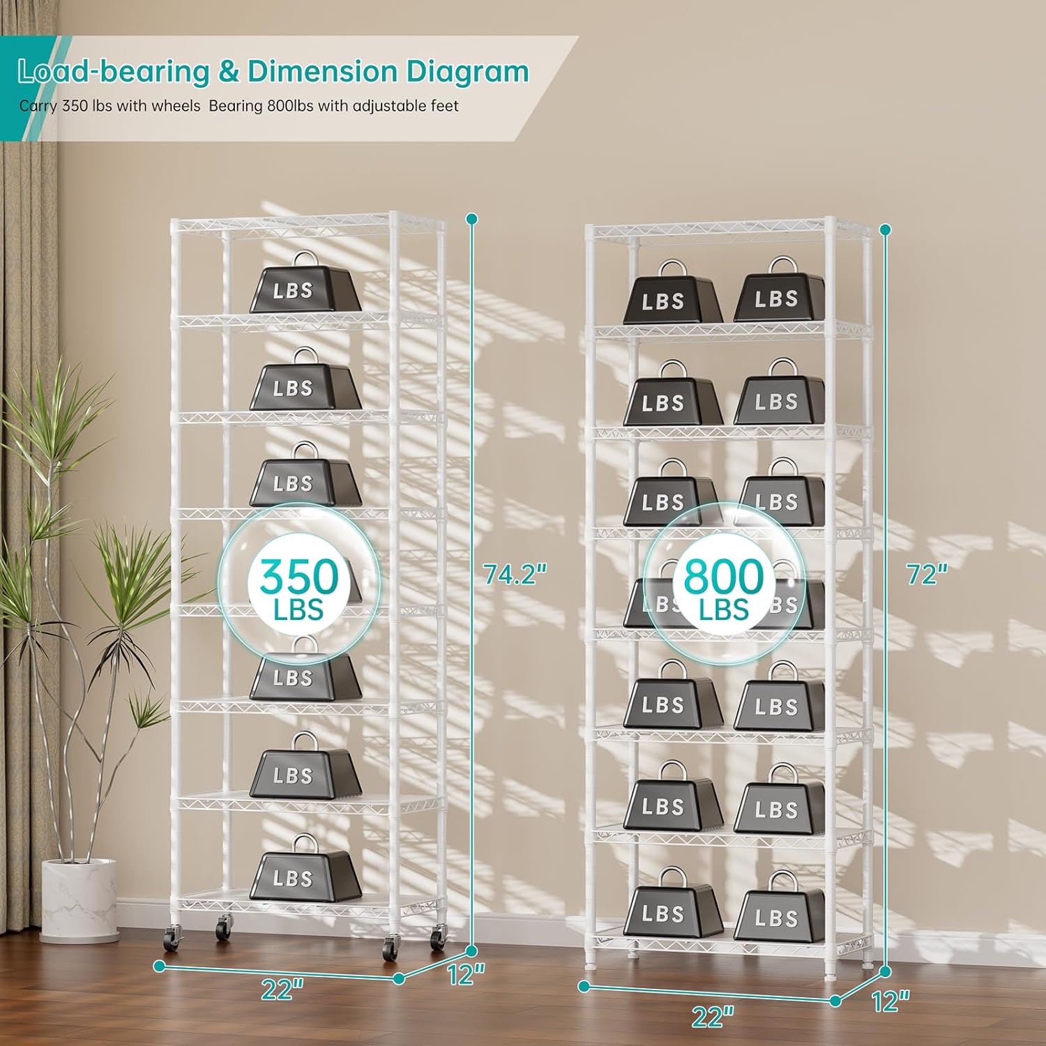SINGAYE 8-Tier Metal Shelf Organizer - Adjustable Wire Shelving Unit for Kitchen, Garage, or Bathroom | 12" D x 22" W x 74" H - White