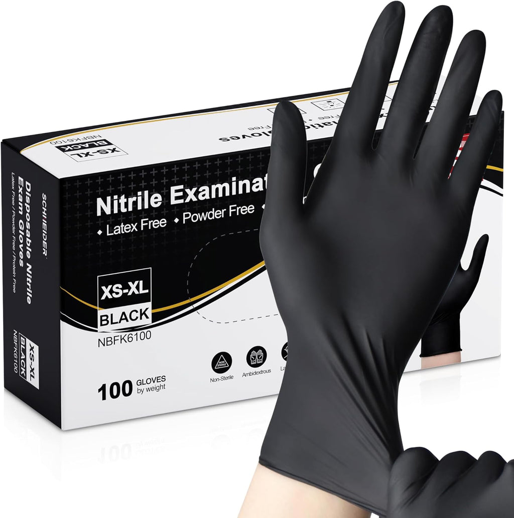 Schneider Nitrile Exam Gloves - Black Latex-Free, Powder-Free Disposable Gloves for Medical & Food Prep