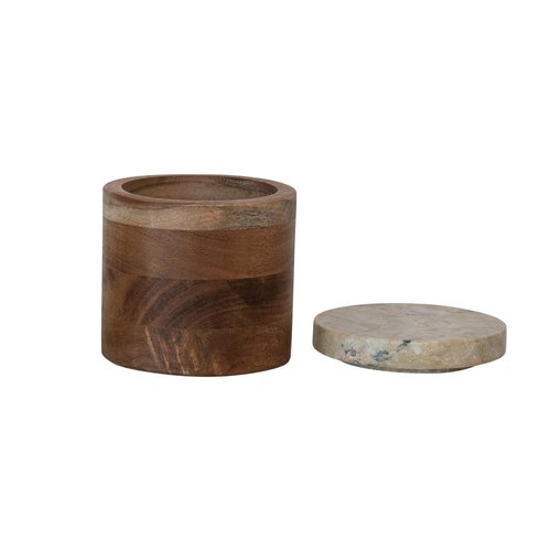 Creative Co-Op Mélange Acacia Wood Container with Marble Lid, Natural and Yellow