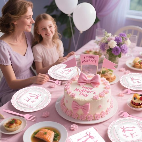 100 Pcs Pink Ribbon Bow Party Supplies Set - Serves 25, Watercolor Disposable Tableware, Includes Paper Plates, Napkins, Forks for Wedding, Bachelorette, Birthday, Girl’s Coquette-Style Themed Favors