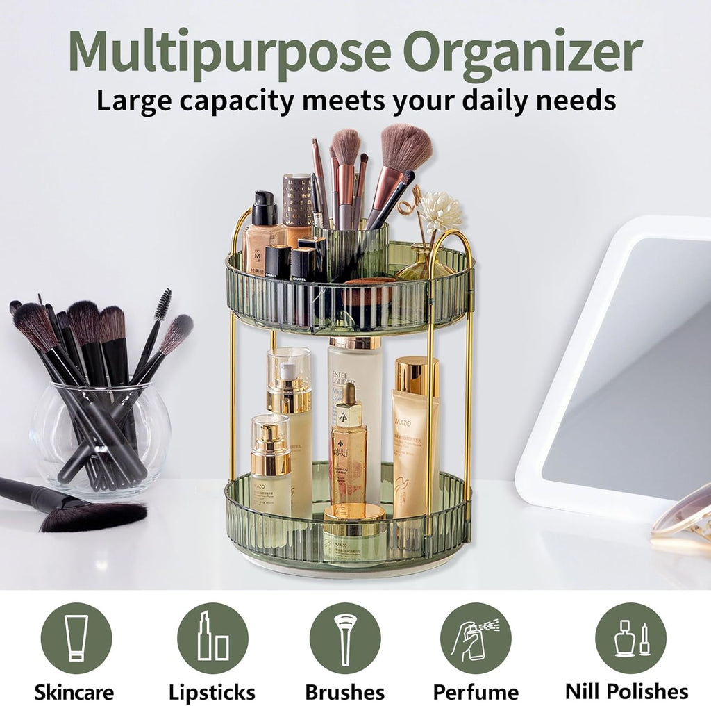 Asayuee 360° Rotating Makeup Organizer - 2-Tier Large Capacity for Skincare & Perfume | Green