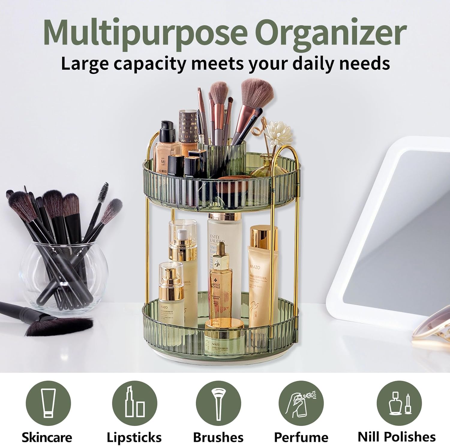 Asayuee 360° Rotating Makeup Organizer - 2-Tier Large Capacity for Skincare & Perfume | Green