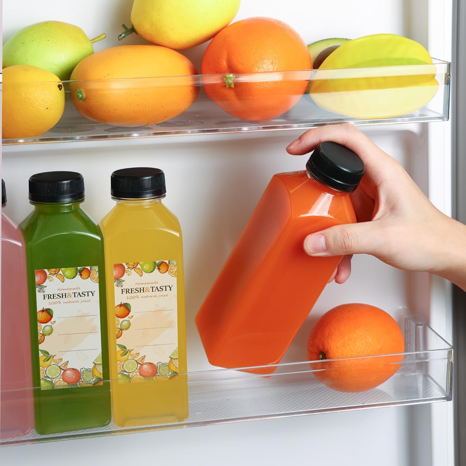 TOMNK 12oz Reusable Juice Bottles - 12pcs Plastic Containers with Caps, Labels & Accessories