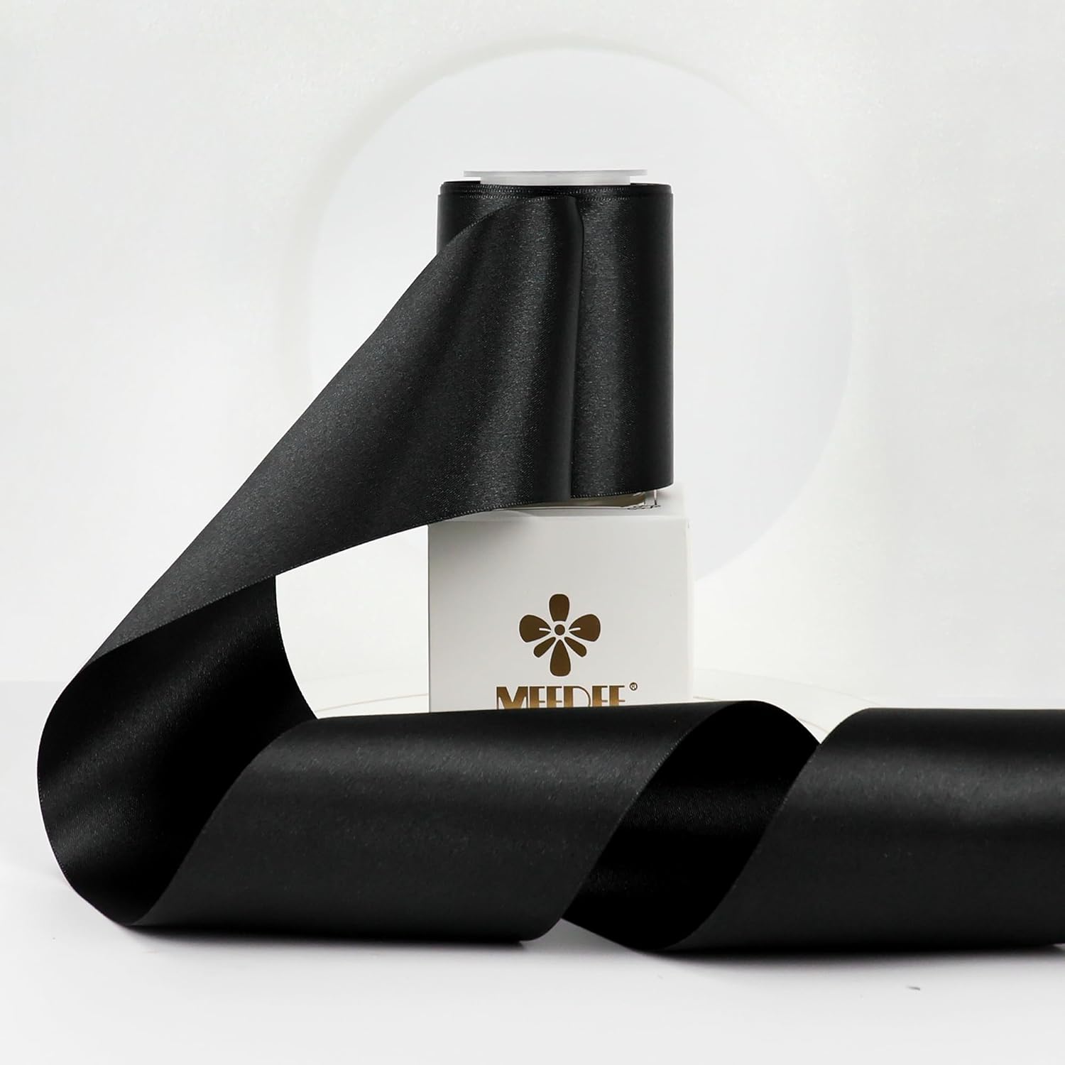 MEEDEE Black Satin Ribbon - Luxurious Double-Faced 3 Inch Wide | 10 Yards for Christmas & Halloween Decor