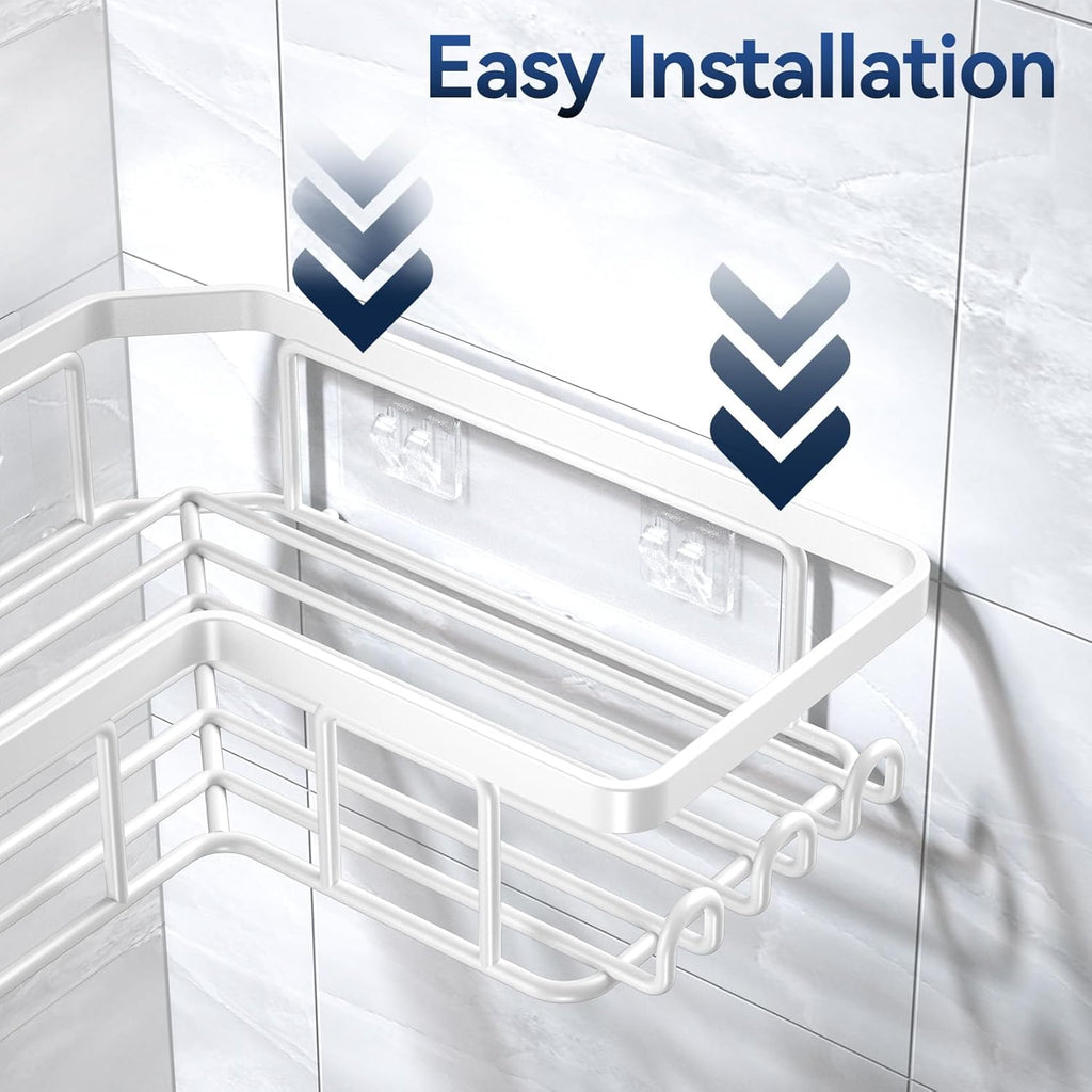 YASONIC Corner Shower Caddy - Rustproof Stainless Steel Organizer with Soap Holder & 12 Hooks | White, 3-Pack