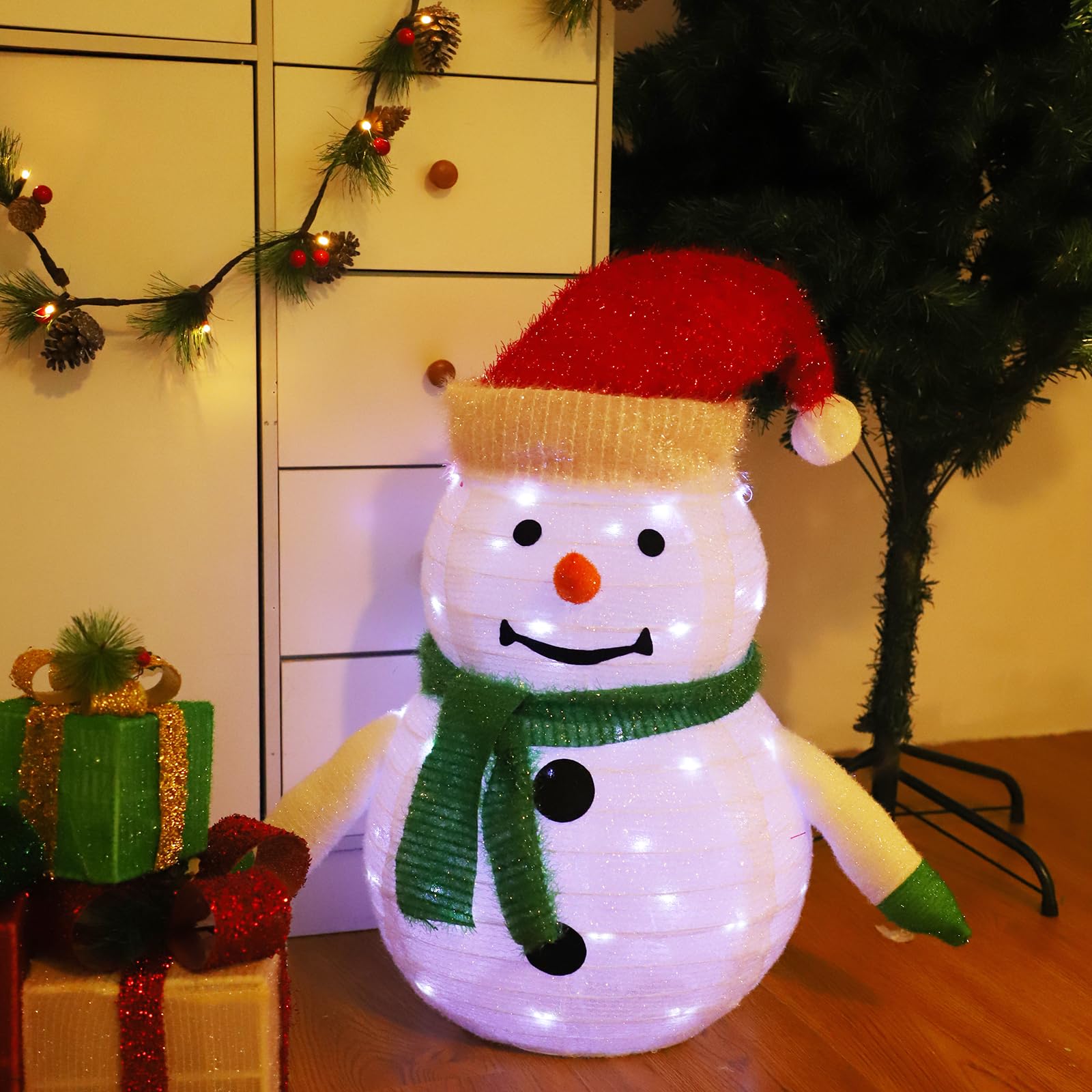 Snowman Christmas Decorations,2Ft Pre-Lit 45LED Light Up Collapsible Snowman Decor, Pop Up Snowman with Metal Stand for Indoor Outdoor Xmas Tree Garden Yard Home Party Decor