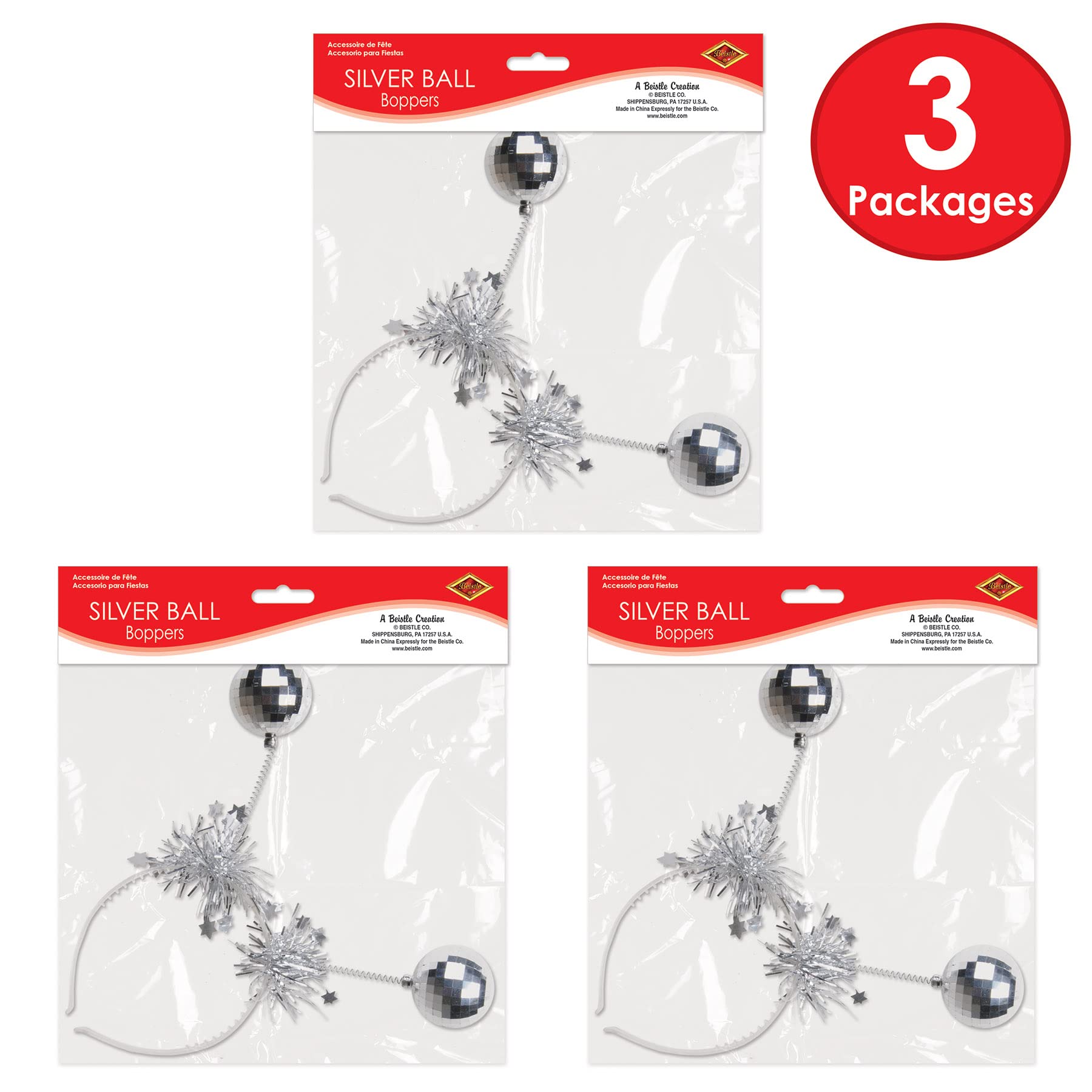 Beistle Silver Disco Ball Boppers – 3 Metallic Headband Accessories with Silver Ball Accents and Tinsel Garland, NYE Headwear for Retro Dance Parties, 1970’s Themed Decade Celebrations, Adult Size