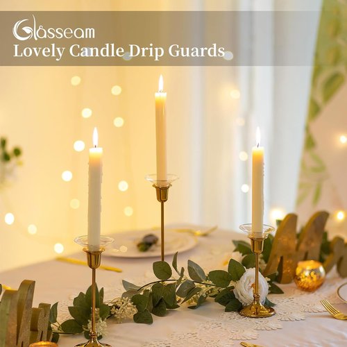 Glasseam Candle Drip Protectors - Clear Glass Bobeches for Taper Candles | Set of 12 Round Wax Catchers
