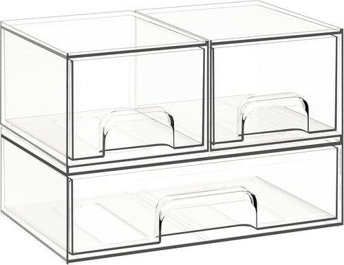 Criusia Stackable Storage Drawers - 3 Pack Clear Acrylic Makeup Organizer for Vanity & Bathroom