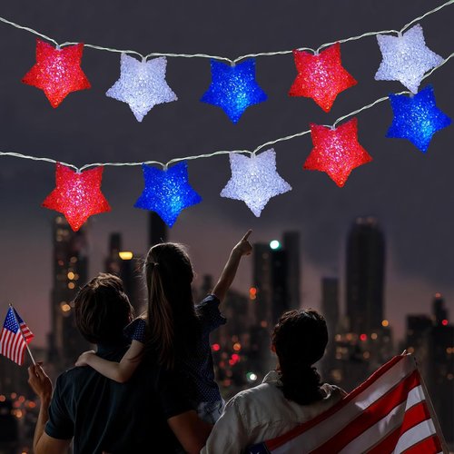 4th of July Decorations Red White and Blue Star Lights 6.8Ft 10 LED 3D Star Patriotic Lights with Timer, Fourth of July String Light for Indoor Outdoor Memorial Day Independence Day Party Home Decor