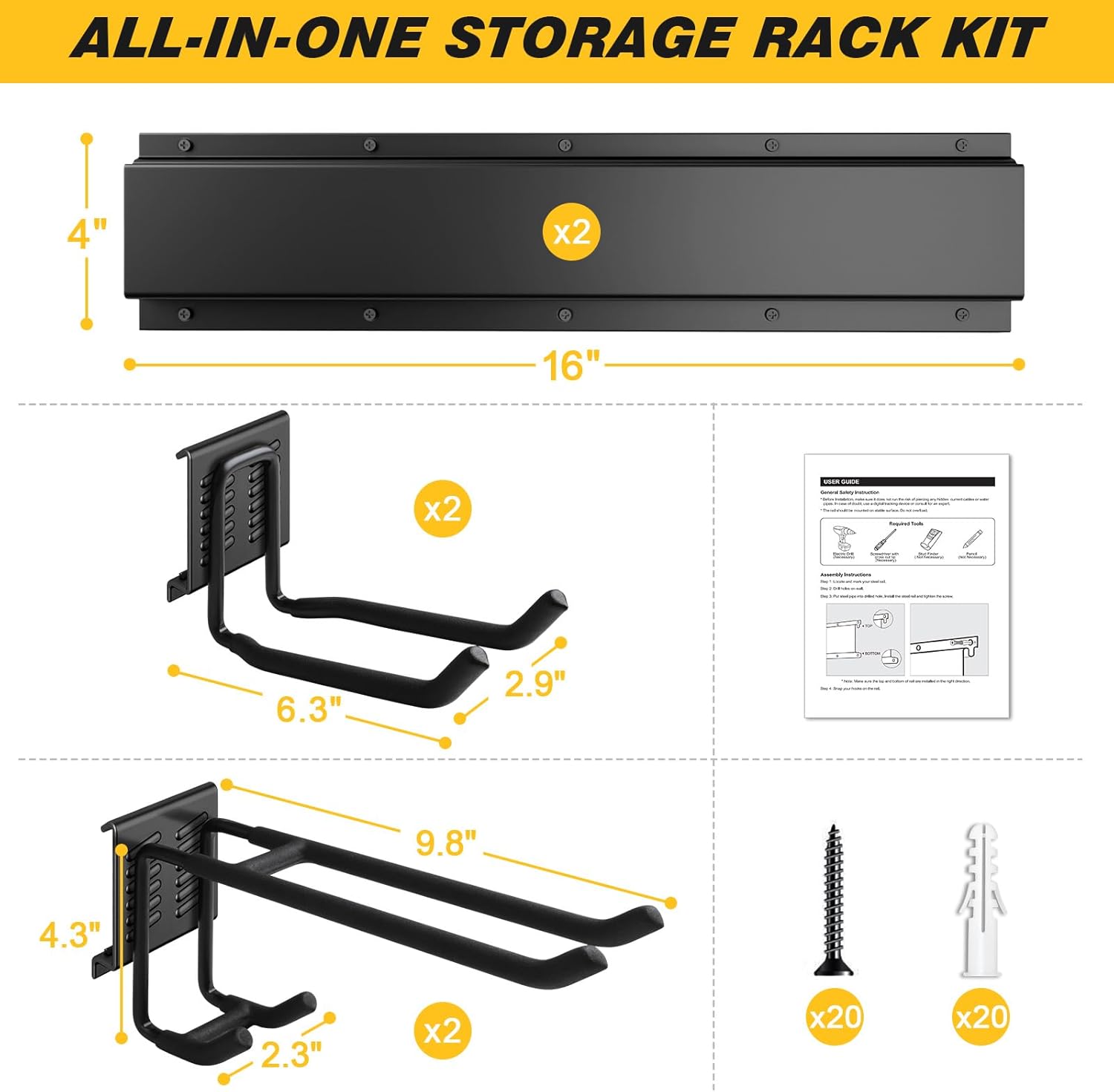 UUP 32-Inch Garage Storage | Heavy-Duty Wall Mount Garden Tool Organizer with Adjustable Hooks