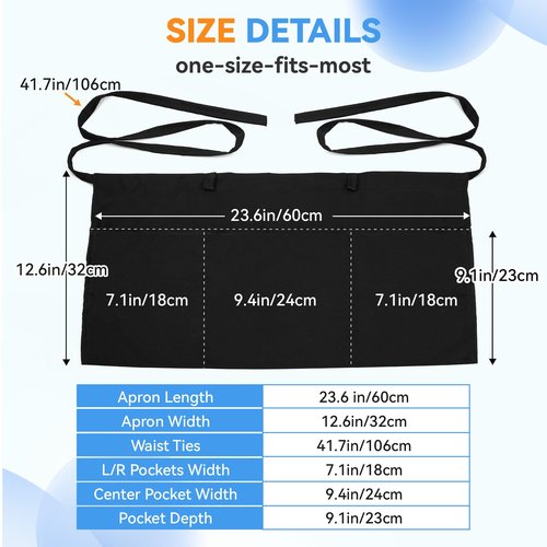 LOHYILYE 3 Pack Waitress Aprons with 3 Pockets, Server Apron for Waitress Waiter, Waist Half Serving Black Apron for Women Men, 12 inch