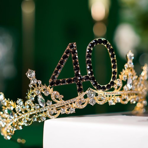 40th Birthday Crown and Sash for Women, 40 Tiara Headband, Black Gold 40th Birthday Decorations Gifts Favors for Female Friends Sister Daughter Wife Mom