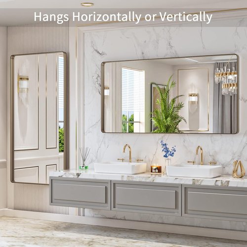 LOAAO Bronze Bathroom Mirror - 60”x30” Rounded Rectangle with Anti-Rust Metal Frame | Hangs Horizontally or Vertically