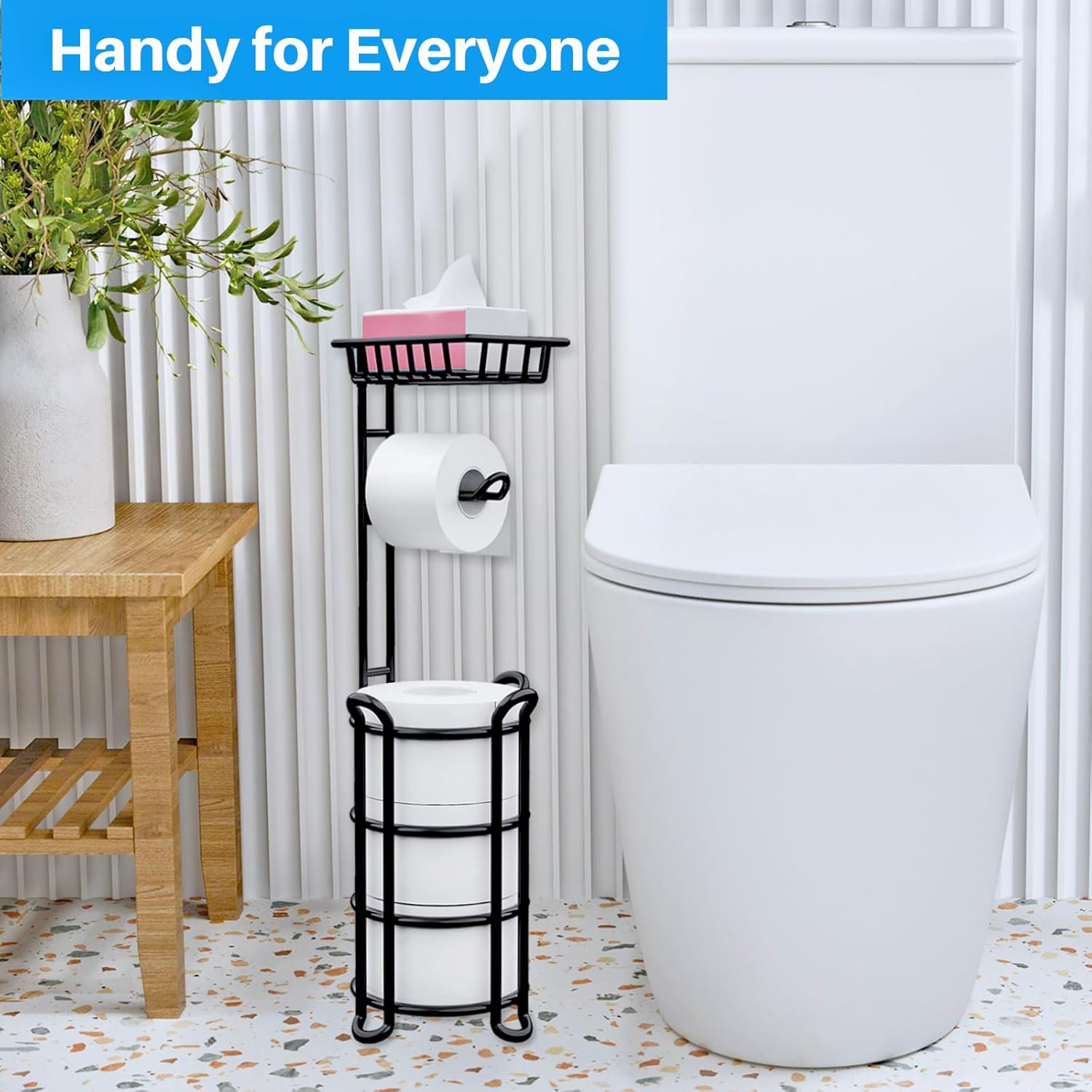 Skiennix Toilet Paper Holder Stand - Free Standing Tissue Roll Storage Rack with Shelf | Black Finish