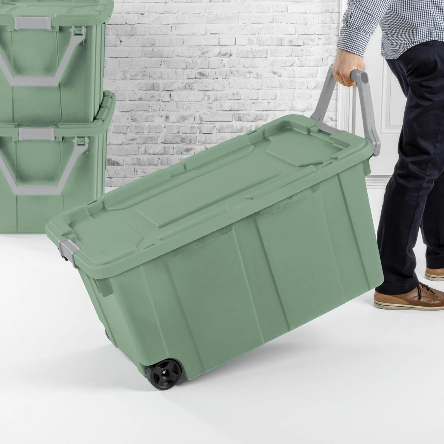 Rugged Wheeled Industrial Tote by [Brand Name] - 40 Gallon Storage Bin with Latch Lid, Light Green, 2 Count