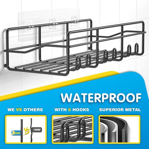 Coraje Adhesive Bathroom Caddy - Large Capacity Rustproof Metal Shelves | 2-Pack Black Organizer for Shower Essentials