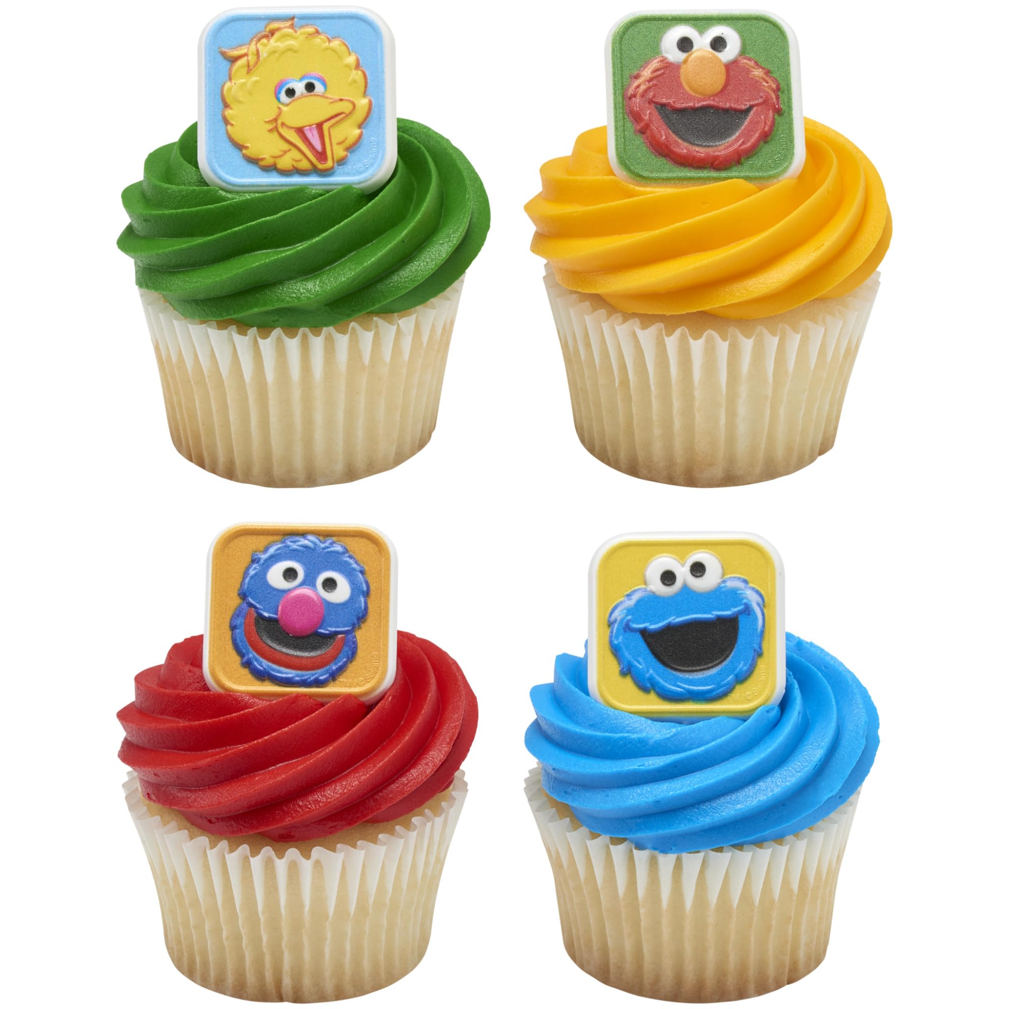 Sesame Street Rings, 24 Cupcake Toppers Featuring Elmo, Big Bird, Cookie Monster, Grover, Bright Colorful Cupcake Decorations, Food Safe - 24 Pack
