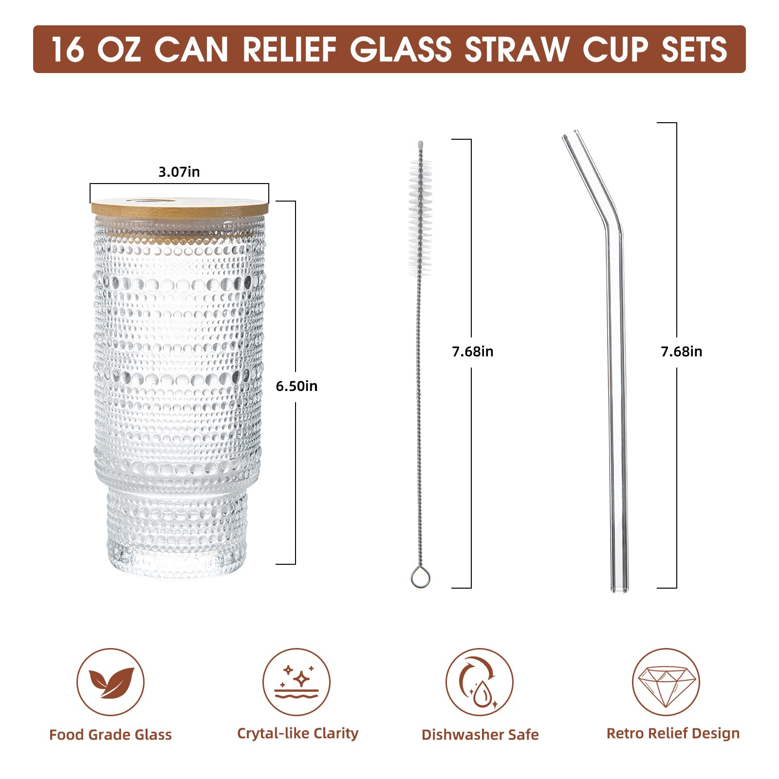 MRZIKPO Drinking Glasses with Bamboo Lids and Glass Straw 8pcs Set,16oz Glass Tumbler Cups,Water Glasses,Iced Coffee Glasses,iced Tea Glasses,Beer Glasses,Ideal for Whiskey,2 Brushes