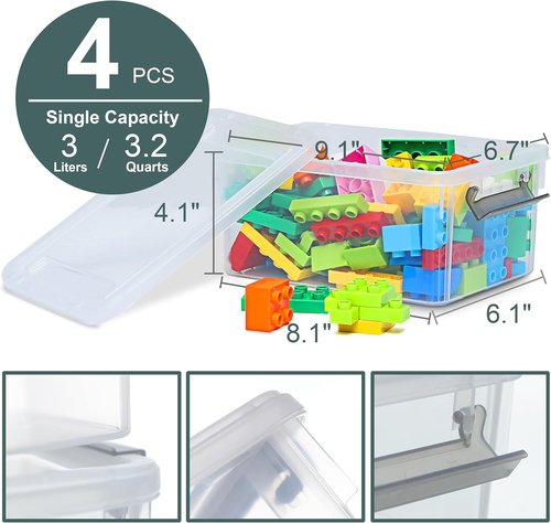Citylife Small Storage Bins - 4 Pack Clear Plastic Containers with Lids | 3.2 QT Stackable Organizers