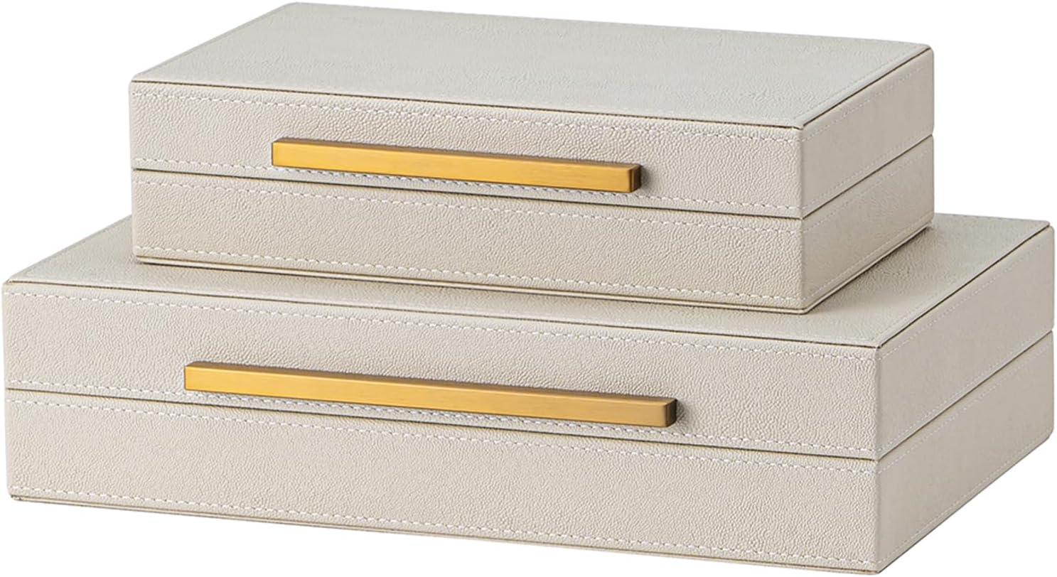XIGEXIGE Faux Leather Jewelry Box Set - Large Stackable Nesting Organizers in Beige Shagreen with Gold Handles