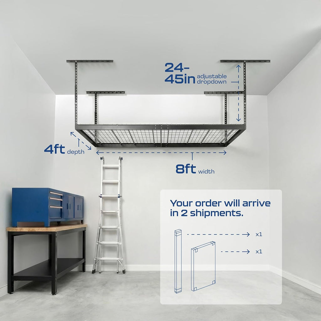 MonsterRax Overhead Garage Storage Rack - 4x8 Ceiling Shelving System with Adjustable Height 24"-45" - Grey