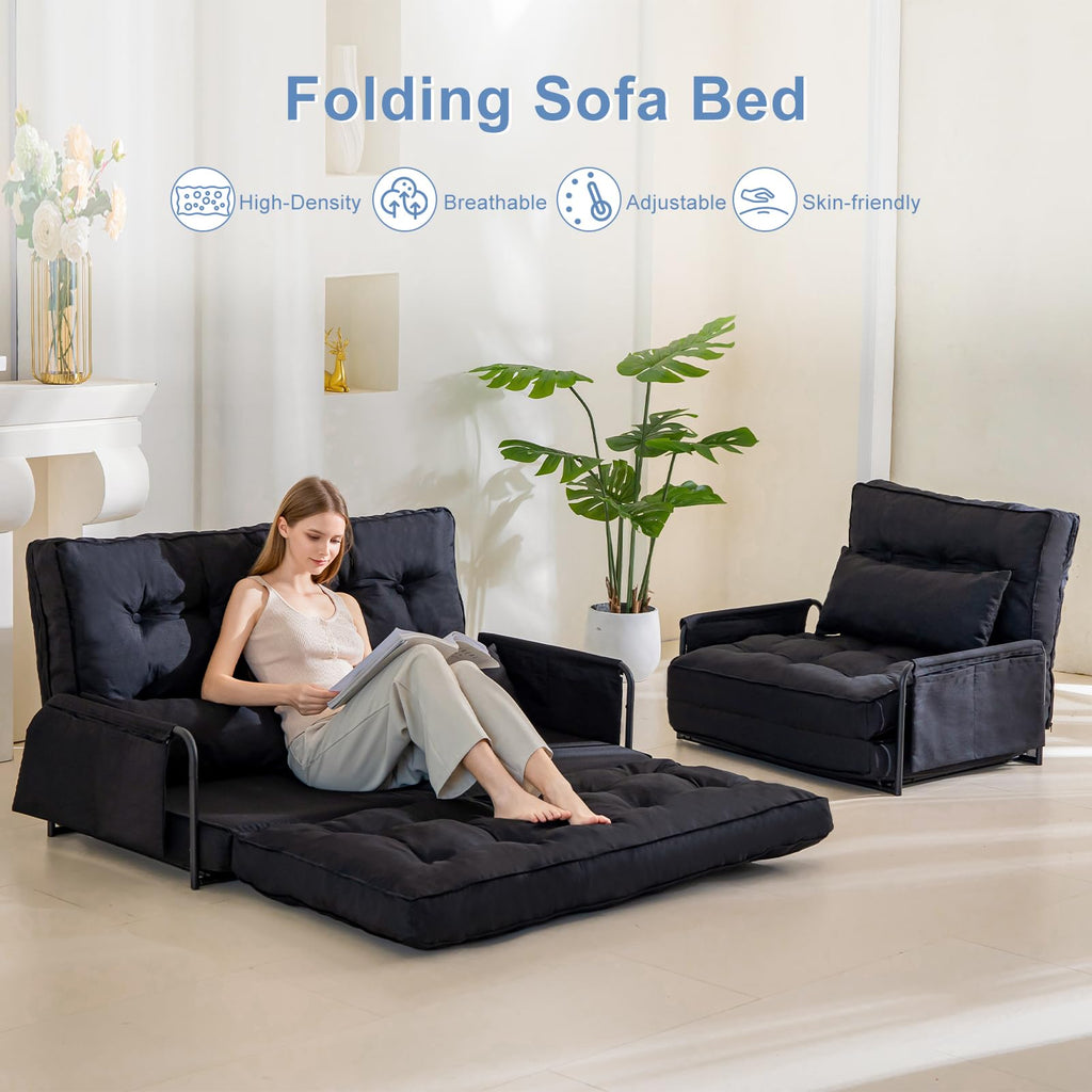 YOSHOOT Adjustable Lazy Floor Sofa, Folding Couch Bed with 5 Positions Adjustable Backrest, Convertible Bean Bag Sofa Bed Couch Foldable Sleeper Chair with Pillow for Reading Gaming（Black, Single）