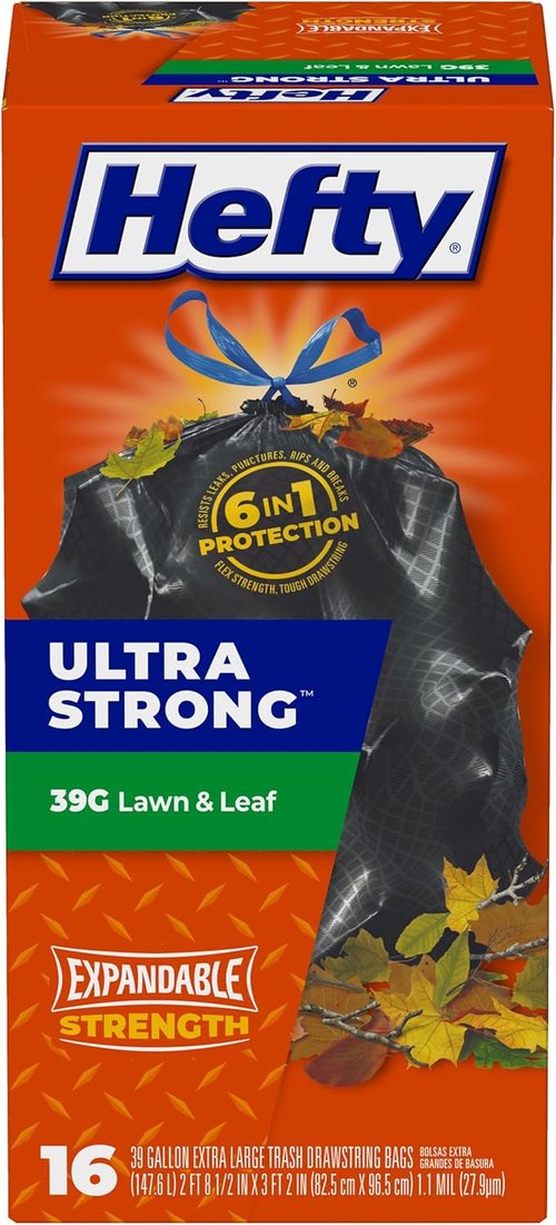 Hefty Ultra Strong Lawn & Leaf Trash Bags - Unscented, 39 Gallon, 16 Count for Heavy-Duty Use