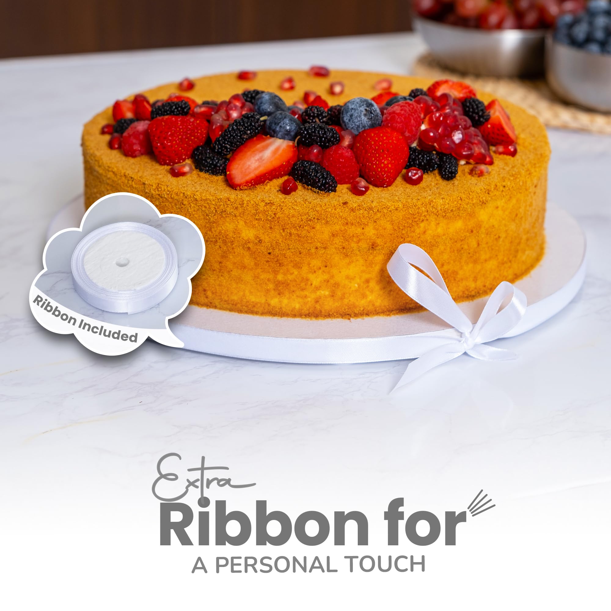 12-Pack Cake Drums 8,10 & 12 inch Reversible, Sturdy 1/2" Thick, Greaseproof, White | Free Prop Up Tool + Matching Ribbon | Professional Round Cake Boards for Tiered, Wedding, Birthday Cakes