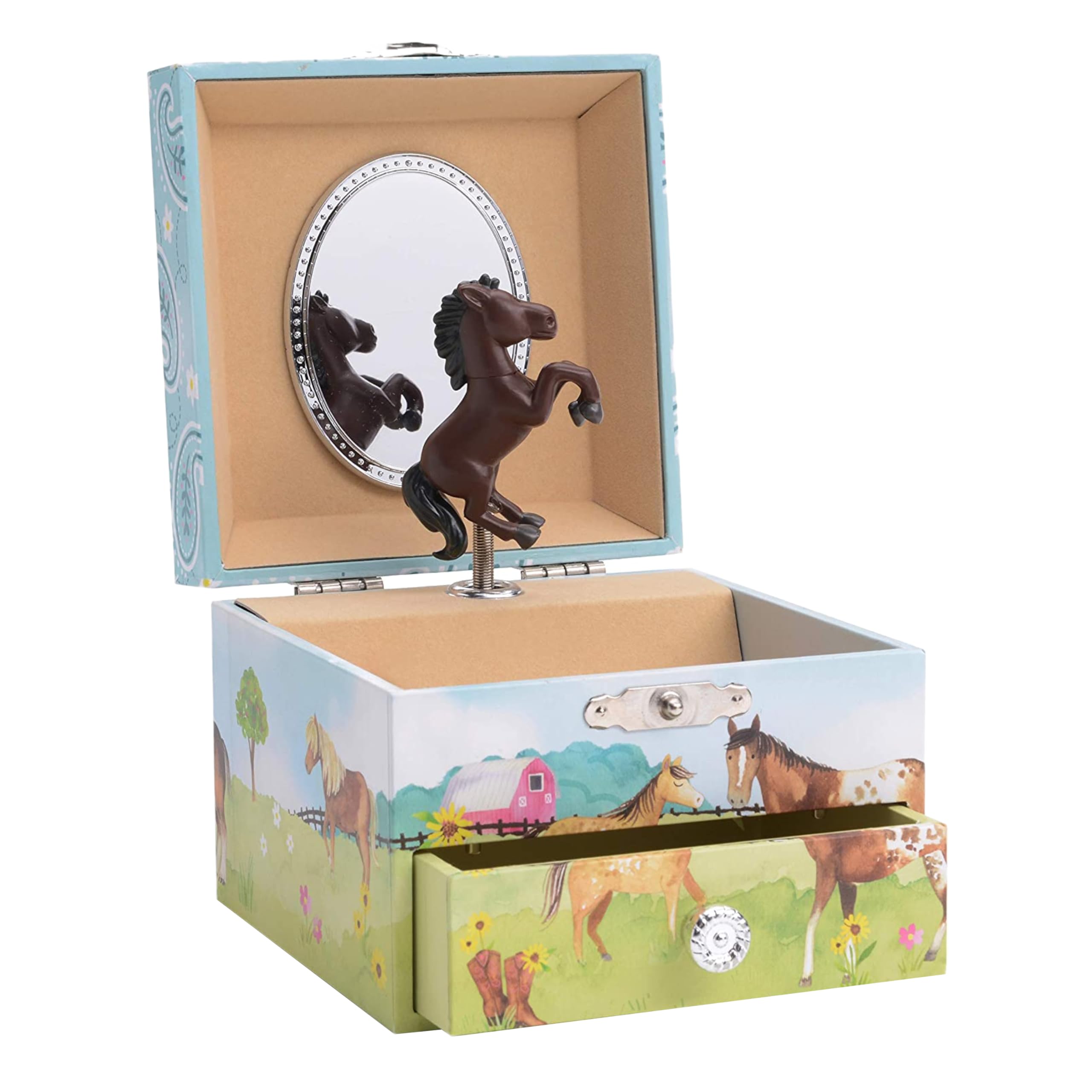 Jewelkeeper Girl's Musical Jewelry Storage Box Pullout Drawer, Horse and Barn Design, Home on the Range Tune