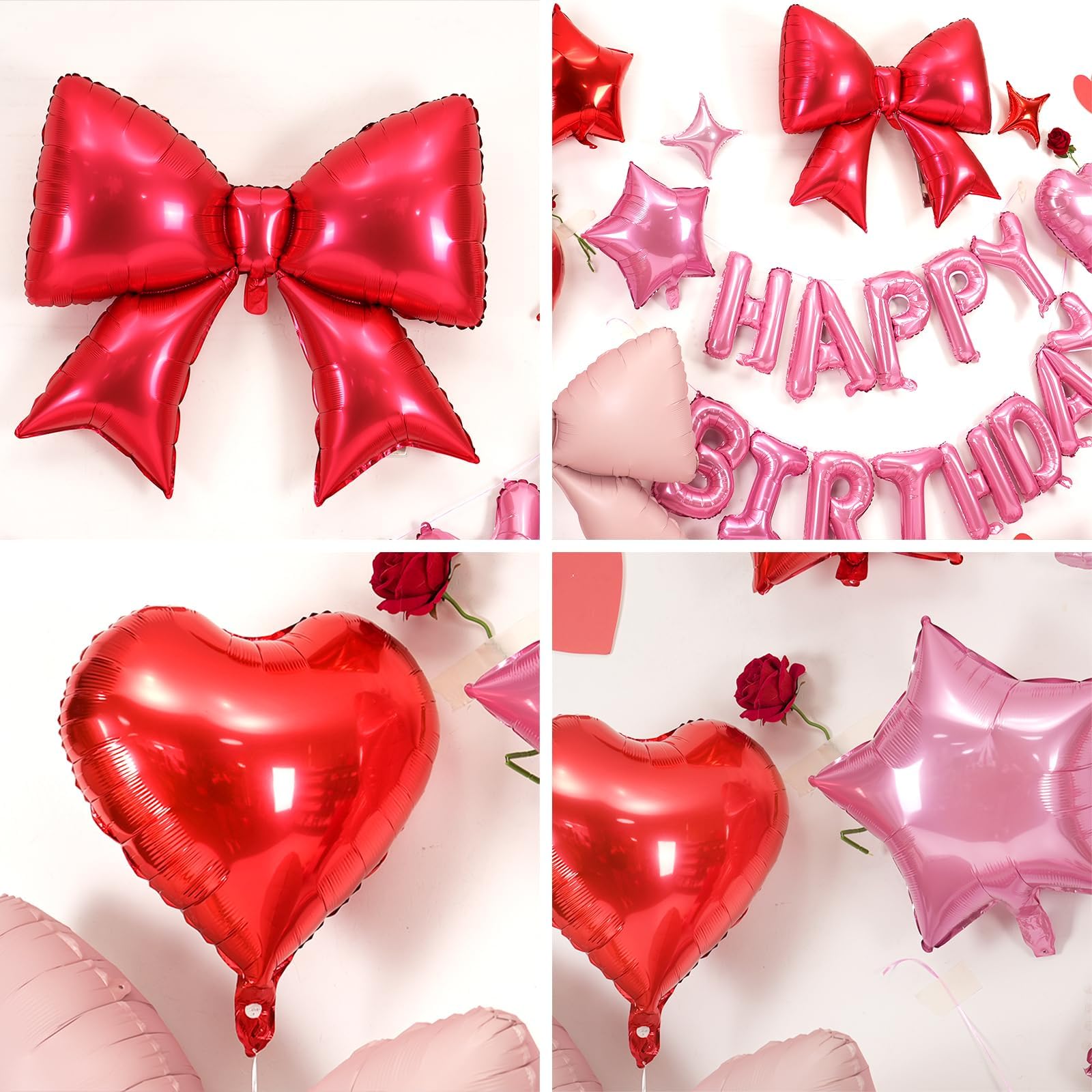 Red Pink Bow Birthday Decorations,38 Inch Helium Pink Red Bow Balloon Happy Birthday Balloons Banner Star Heart Foil Balloons for Women Men Party Supplies