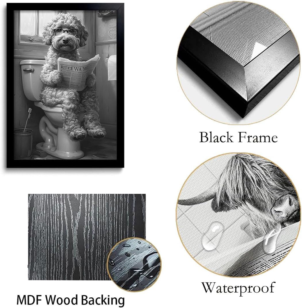 OIQArt Funny Bathroom Wall Art - Black & White Teddy Dog Canvas Print | Modern Minimalist Decor