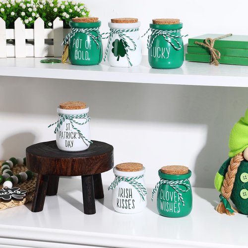 FunouHome St. Patrick's Day Decorations - 6PCS Mini Glass Jars - Farmhouse St. Patrick's Day Decor for Home, Kitchen, Table, Fireplace Mantel