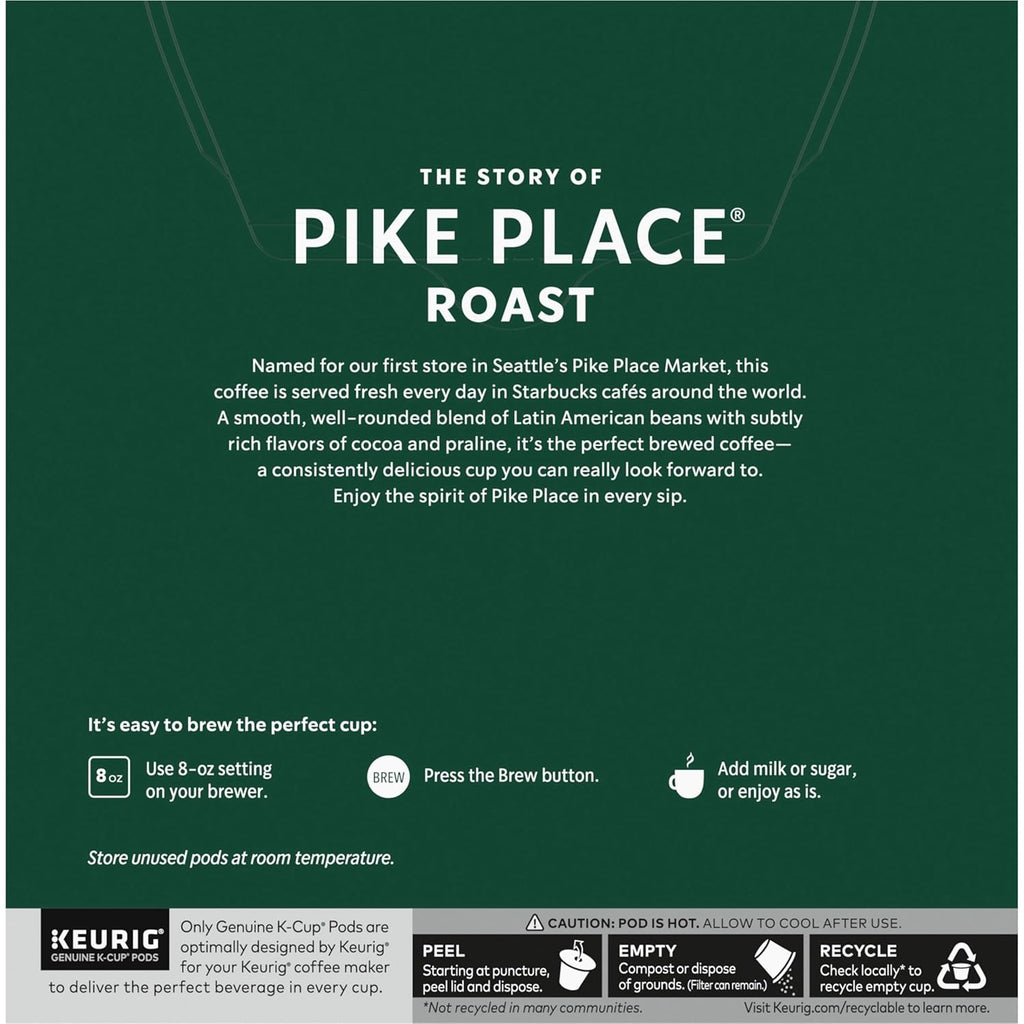 Starbucks K-Cup Coffee Pods - Medium Roast Pike Place Roast for Hot or Iced Coffee | 32 Pods