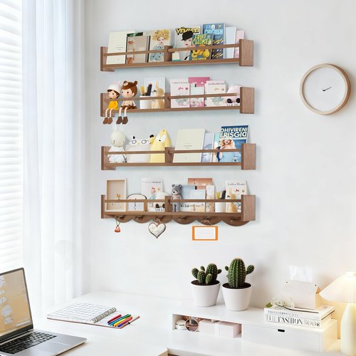 Dixryaus 34Inch Nursery Book Shelves Wall Mounted, Floating Book Shelf for Kids Coat Rack with 6 Hooks, Wall Hanging Shelf for Baby Nursery Room Organizer ，Patent Number:US-D1058229-S(4, Light Brown)