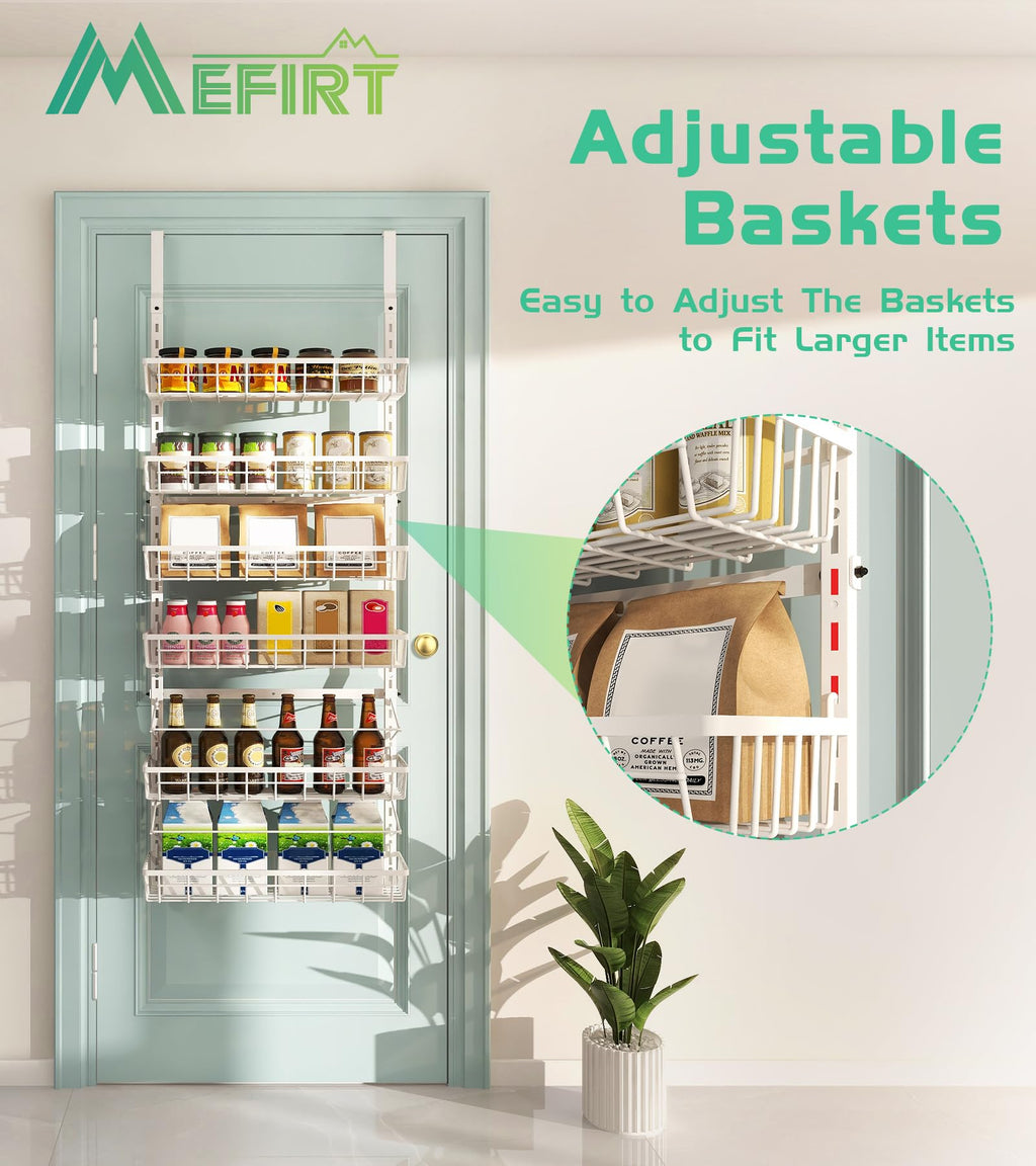 Mefirt Over The Door Pantry Organizer, Wall Mount Spice Rack, Pantry Hanging Storage and Organization, 6 Adjustable Baskets Heavy-Duty Metal for Home & Kitchen, Back of Door Seasoning Rack - White