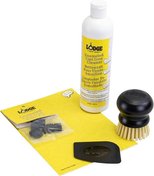 Lodge Enameled Cast Iron Cleaner Kit - 11oz Cleaner, Scraper, Brush & Pot Protectors | 5-Piece Set