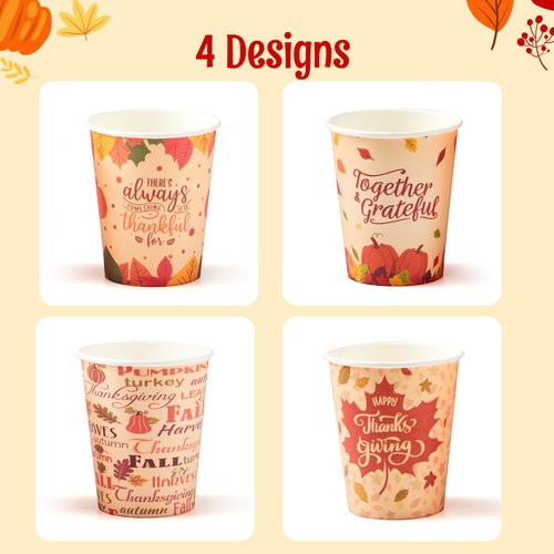 JOYIN 36 PCS Thanksgiving Disposable Cups,9 oz Pumpkin Maple Leaves Paper Cups, for Juice, Coffee, and Hot/Cold Drinks, 4 Charming Designs for Thanksgiving Party Fall Leaves Harvest Decoration