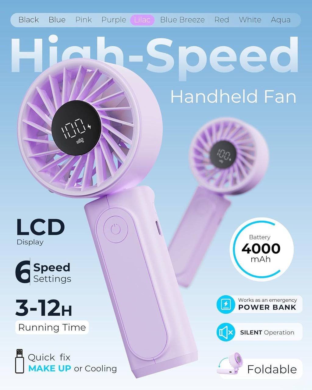 Peiyuu Portable Fan - 4000mAh USB Rechargeable Mini Desk Fan with 6 Wind Speeds & LCD Display | Ultra Quiet, Foldable Design